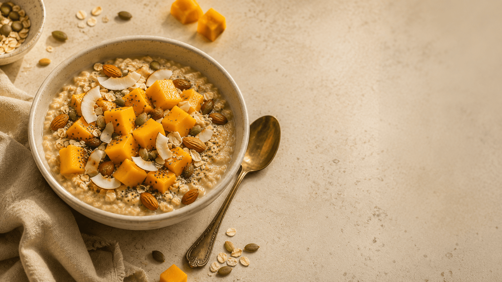 Ready-to-eat oats bowl topped with fresh mango, coconut and almonds